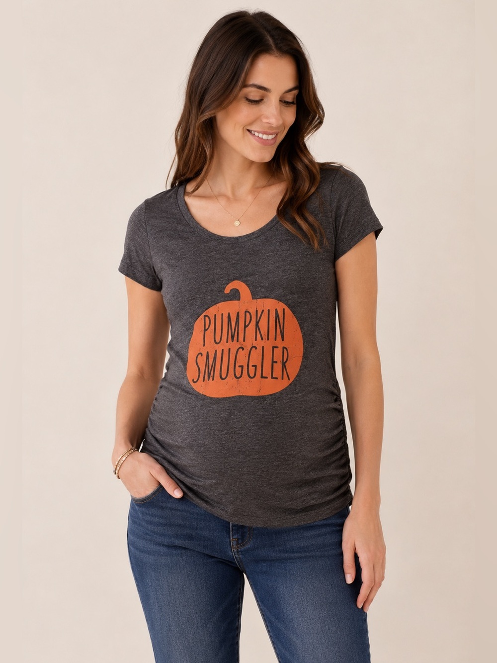 Maternity Pumpkin‎ Smuggler Graphic Tee Ruched Side Halloween Shirt Small